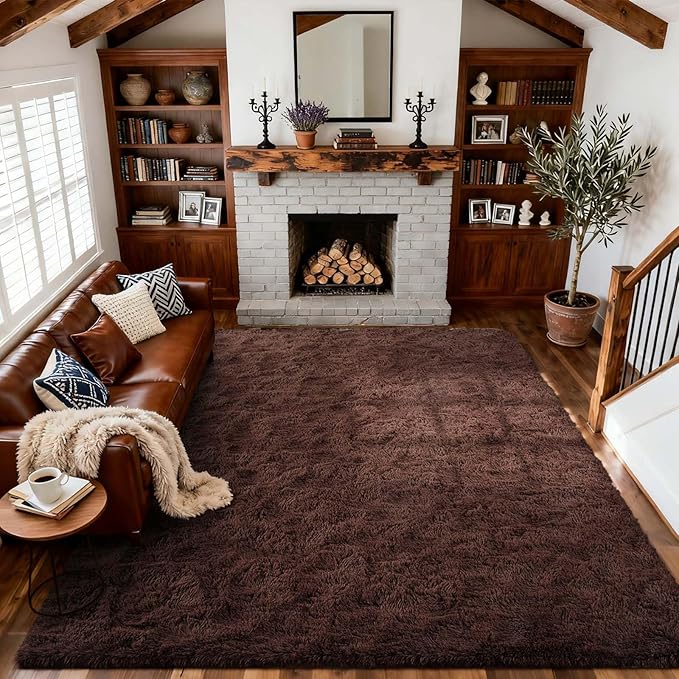 9x12 Ft Extra Large Shag Rugs for Living Room, Ultra Soft Fluffy Furry Area Rugs for Bedroom Indoor Floor, Aesthetic Carpet for Kids Home Decor (Brown)