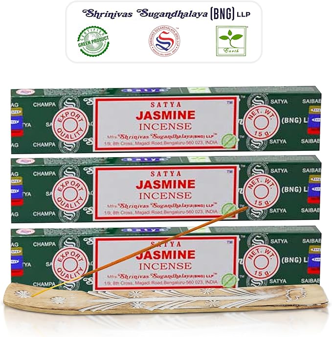 Satya Nagchampa Jasmine Incense Sticks, Satya Bng (Bangalore) Insenses 15gmx3 Pack (45 GMS) with Raajsee Incense Holder Bundle, Satya Nagchampa Natural Incense