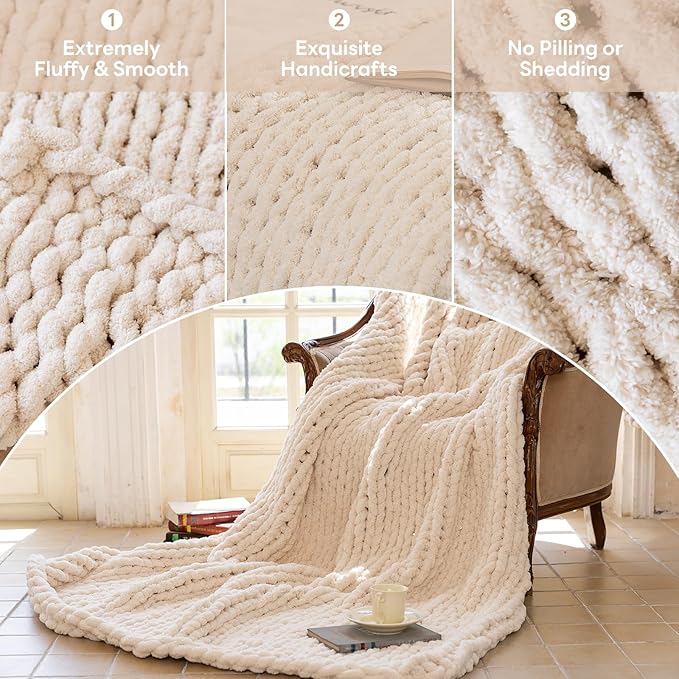 Chunky Knit Blanket - Luxury Soft Cozy 60 * 80 Throw Blanket,100% Woven Blanket Rope Knot Throw Blanket for Couch, Sofa, Home Decor, Gift - Machine Washable（Cream）