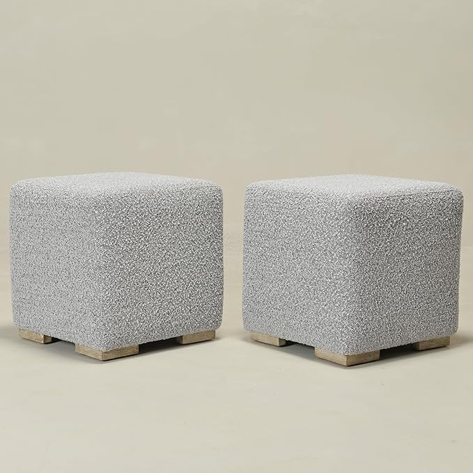 KINWELL 18.5" Wide Modern Square Boucle Upholstered Ottoman with Solid Wood Legs Set of 2, Cube Ottoman Multi-Functional Sofa Footrest for Living Room, Bedroom, Fully Assembled (Black and White)