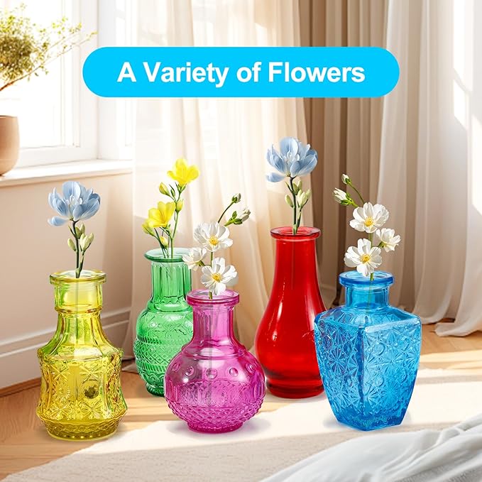 10 Pack Glass Bud Vases, Colored Bud Vase, Small Rustic Glass Vase for Flowers, Colorful Vintage Flower Vases for Wedding Home Table Plants Party Centerpieces Decor