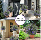 Artificial Boxwood Topiary Ball Trees with Ground Spikes UV Resistant Faux Greenery Shrubs Fake Shrubs for Outdoors, Realistic Faux Plants Bushes for Garden Porch Yard Patio Decor (Purple Green)