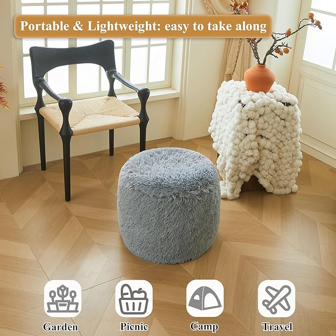 XeGe Fluffy Faux Fur Inflatable Pouf Ottoman, Soft Portable Shaggy Fuzzy Foot Stool, Gray Plush Furry Foot Rest Floor Pouf, Round Ottoman Cushion Living Room Bedroom Patio Dorm Desk, Light Grey