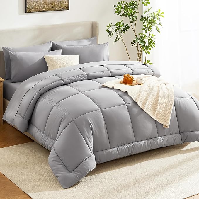 CozyLux King Size Comforter Set Grey, 7 Pieces Bed in a Bag, Gray Comforter King Size, All Season Bedding Sets with Stitch Quilted Comforter, Flat Sheet, Fitted Sheet, Pillowcases
