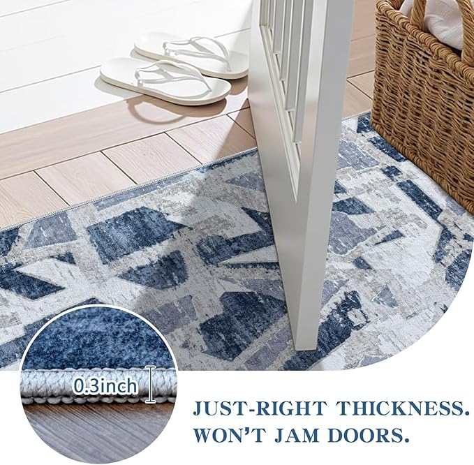Modern Abstract Door Mat Indoor Entrance 2X3 Blue Rug Washable, Non-Slip Small Rugs for Entryway Bathroom Ultra-Thin, Throw Carpet for Kitchen Bedroom Nursery Kids Print Faux Wool