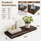 Floating Shelves, 8" Deep Rustic Solid Wood Wall Mounted Floating Shelves, Wall Shelves with Invisible Bracket for Living Room Bathroom Bedroom Kitchen, 24 Inch Set of 2, Walnut