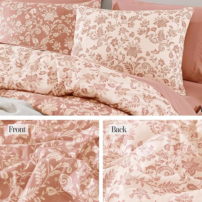 King Comforter Set -7 Pieces Clay Pink Floral Comforter Set for All Seasons, Bed in a Bag King with Botanical Flowers Comforter, Sheets, Pillowcases & Shams
