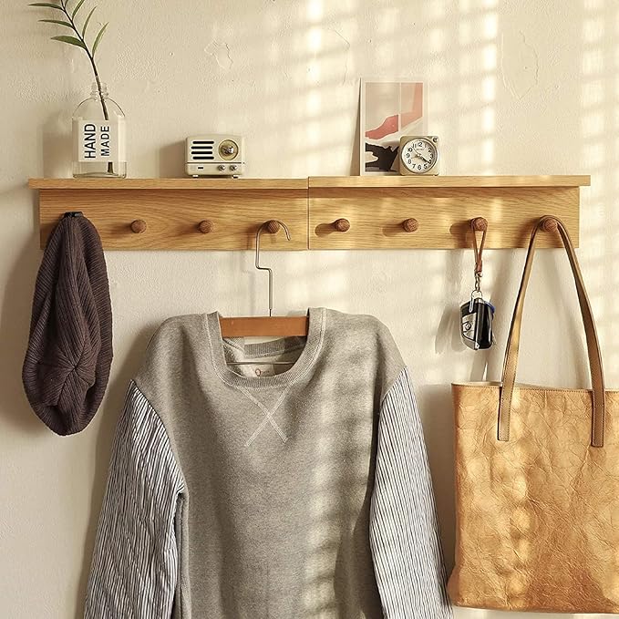 Entrance Coat Rack ，Coat Hooks, Wall-Mounted Wooden Hook Rack, Wall-Mounted Shelves are Very Suitable (Oak Colored Finish-2)