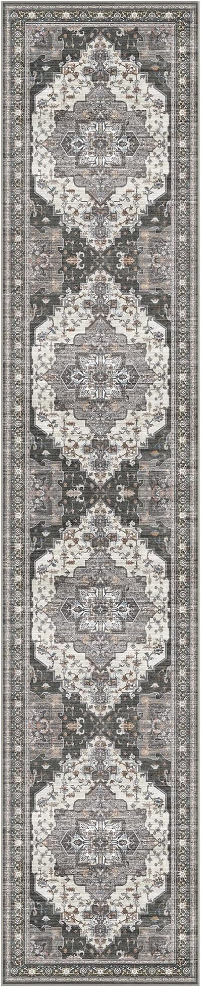 GENIMO 2X10 Hallway Runner Rug, Machine Washable Non Slip Vintage Floral Patchwork Runners, Thin Low Pile Chenille Carpet Runners for Entryway, Kitchen, Bathroom, Bedroom, Slate Gray