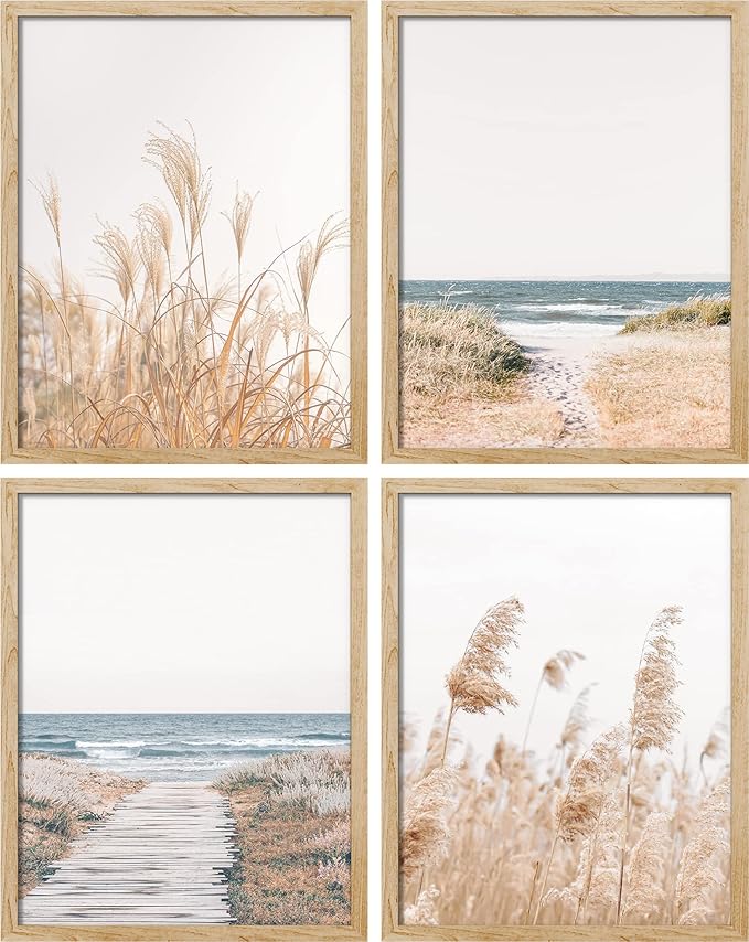 SIGNWIN Framed White Pampas Grass Beach Ocean Shore Horizon Wall Art, Set of 4 Landscape Colorful Wall Decor Prints, Nature Wilderness Wall Décor for Living Room, Bedroom - 12"x16" Natural