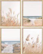 SIGNWIN Framed White Pampas Grass Beach Ocean Shore Horizon Wall Art, Set of 4 Landscape Colorful Wall Decor Prints, Nature Wilderness Wall Décor for Living Room, Bedroom - 12"x16" Natural