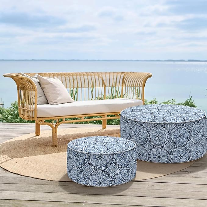 Inflatable Ottoman Stool D31 xH14 for Outdoor/Indoor Use, Water Repellent Patio Foot Rest Stool with Portable Handle,Round Pouf Ottoman Suitable for Garden,Deck and Camping - Medallion Blue