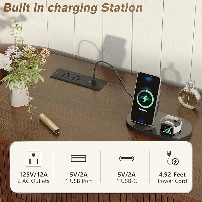 Alohappy Fluted 6 Drawer Dresser with Charging, 57" Wide Wood Dresser TV Stand, Mid Century Modern Long Dressers with Curved Profile Design for Closet, Bedroom Living Room, Hallway, Home Office