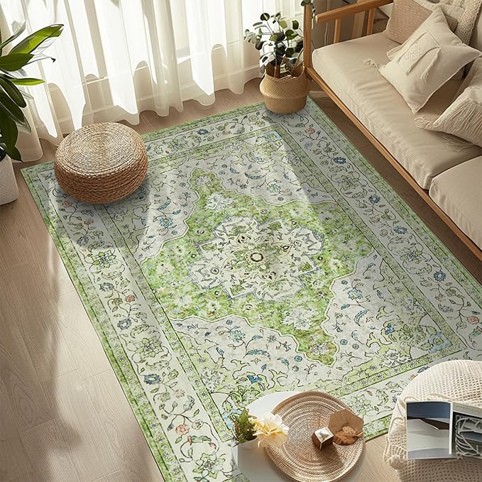 Topllen Washable Area Rug - 3'x5' Boho Bedroom Rug Indoor, Non-Slip Low-Pile Rugs for Living Room Bathroom Kitchen Front Door, Entry Throw Carpet Stain Resistance (Green, 3x5ft)