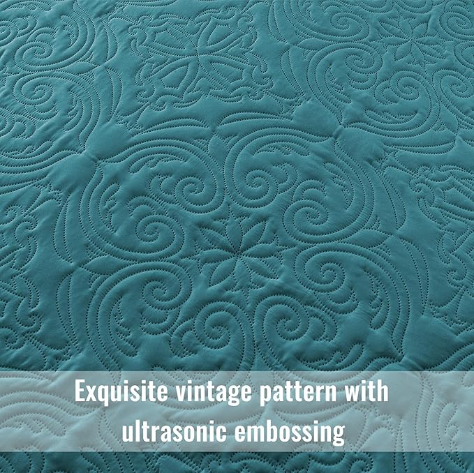 Exclusivo Mezcla Quilts King Size Bedspread with 2 Pillow Shams, Lightweight Dusty Teal King Quilt Bedding Set with Vintage Damask Pattern, Soft Bedspreads Coverlets for All Seasons