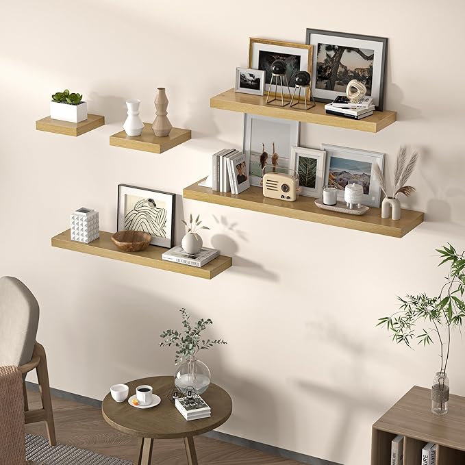 Floating Shelves for Wall, 36" W x 8" D x 1.5" H, Wooden Wall Mounted Display Shelves with Invisible Brackets for Living Room, Bedroom, Bathroom, Kitchen Decor and Storage, Set of 2, Oak