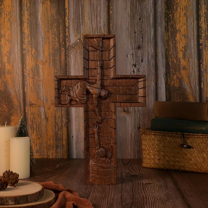 BGCOPPER Crucifix Wall Cross Handmade Wooden Cross with Hook, Christian Wall Art Jesus Wall Cross Gifts for Church Home Room Decor Christmas Cross - 10 Inch