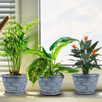 Outdoor Flower Pots for Plants Set of 3 Pack 11 Inch Planter Pot, Large Plastic Plant Pots Indoor Plants with Drainage Holes & Trays, Modern Decorative Garden Containers Sets for House(Blue)