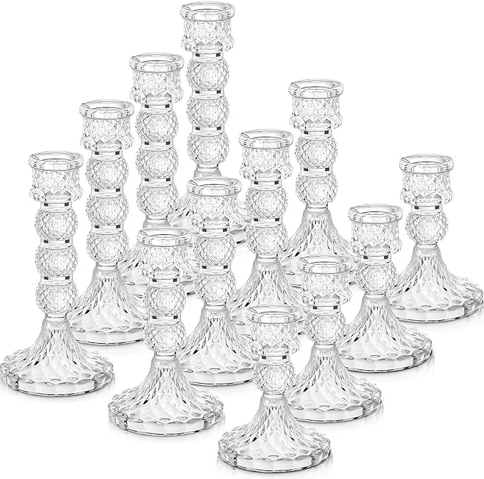 Mumufy 12 Pack Glass Taper Candle Holders Clear Candlestick Holder Fit 0.8 Inch Candles 4'' 6'' 8'' Tall Crystal Decorative Candlestick Stand Centerpiece for Table Wedding Dining Party (Vintage)