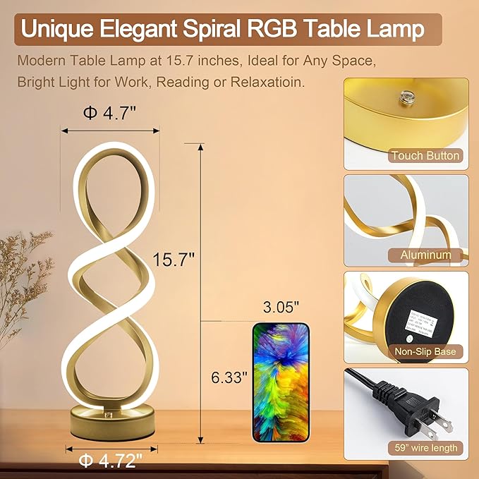 Modern Table Lamp, 7 Colors 10 Light Modes Spiral Design Table Lamp, Touch Dimmable Nightstand Lamp, Unique Bedside Lamp for Living Room, Bedroom, Cool Lamps, Gold, 2 Pack