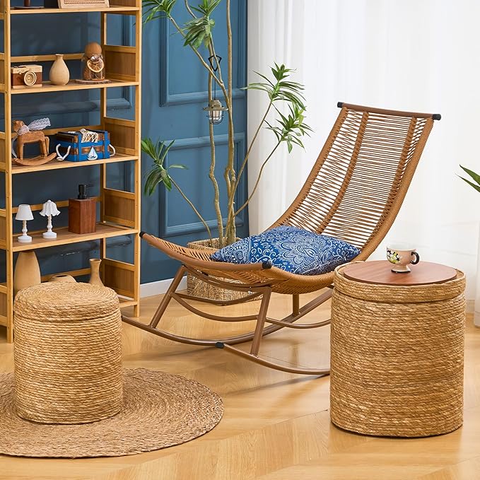 Wimarsbon Round Pouf Ottomans, Handwoven Natural Water Hyacinth Seagrass Pouffe,Outdoor Rattan Stool Accent Seat, Bohemian Coastal Home Decor (Cattail Nested Set-Natural)