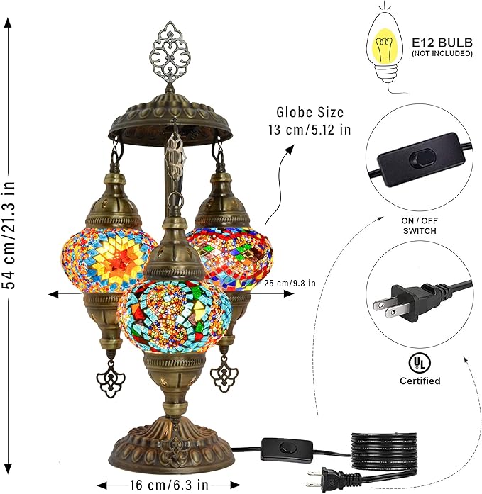 Mozaist Turkish Mosaic Lamp with Bulb – 3 Globe Tiffany-Style Table Light (Cappadocia Balloon)