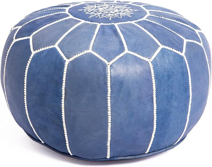 Genuine Leather Round Pouf Cover - Handmade Moroccan Ottoman Footstool, Unstuffed Footrest Under Desk - Boho Decor - Bohemian Living Room, Bedroom, Kids Room - Housewarming Gift & Wedding
