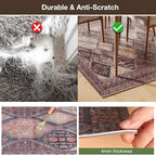 Floor Mat for Home 5×7ft, Easy Clean Plastic Rug-Like Pattern Area Mat for Living Room, Waterproof Vinyl Area Rug for Under Kitchen Table, No Slip Soft Vintage Rug for High Traffic Area (Brown)