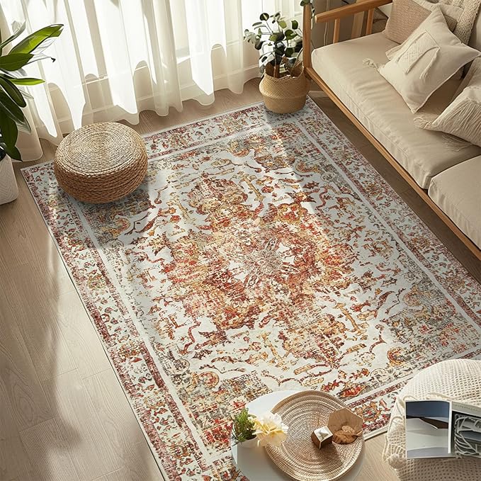 Topllen Washable Area Rug - 4'x6' Boho Living Room Rug, Non-Slip Soft Rugs Indoor for Bedroom Dining Room Office, Vintage Throw Carpet Stain Resistance (Khaki, 4x6ft)