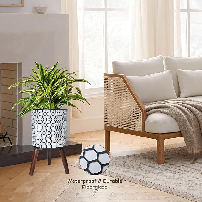 Flower Pot with Legs Tall Flower Pot with Drainage Holes for Indoor and Outdoor Decorative Planting (White Black Honeycomb, 12 Inches)