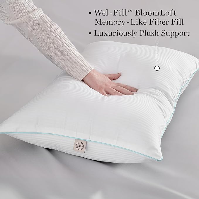 MARTHA STEWART Down Alternative Pillows King Size Set Of 2, Plush Cooling Pillow for Back, Stomach or Side Sleepers, Memory Foam-Like Fiber Fill, Dobby Stripe, 20" x 36", White