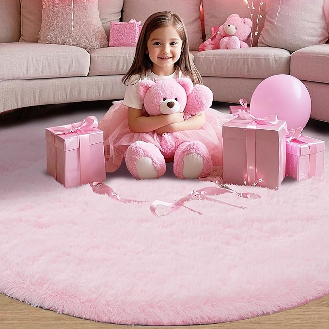 Round Fluffy Pink Rug 5x5ft: Ultra Soft Furry Girls Bedroom Carpet- Plush Rug for Girls & Kids, Fuzzy Bedside Carpet for Baby (5ft, Pink)