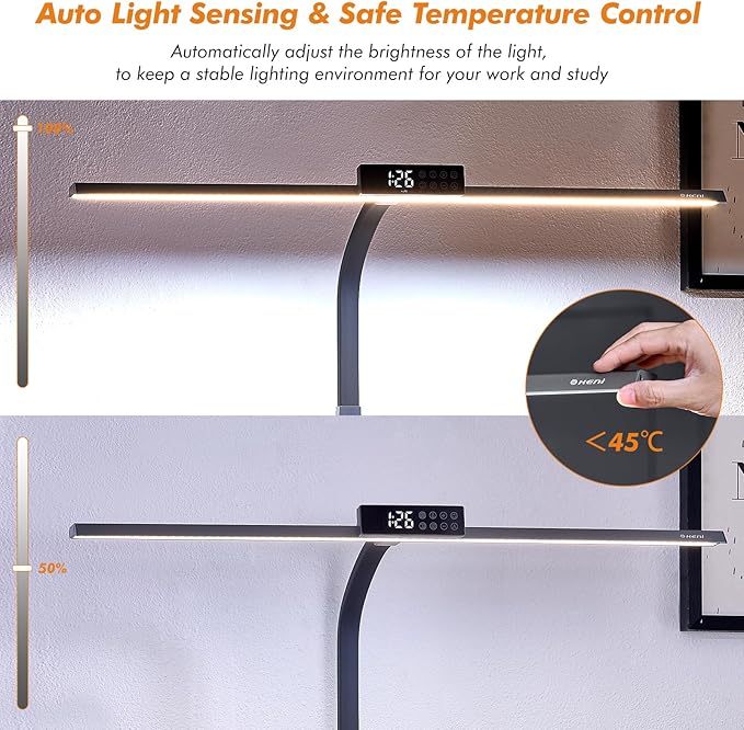 G Keni 3400LM Ultra Bright LED Desk Lamp with Clock for Home Office, 31.5″W x 27″H, 25W Auto-Fill Brightness Desk Light with Timer, Touch Gooseneck Architect Lights for Work Study Read (Base)