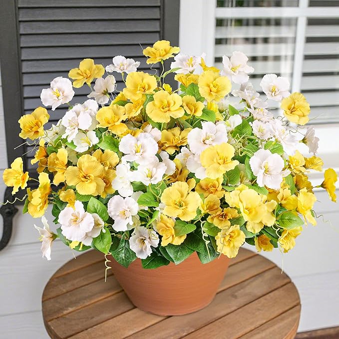 Fall Flowers Fake Flowers Mums for Outdoors Autumn Decoration, 6 Bundles Artificial Flowers Faux Silk Plants Realistic UV Resistant for Outside Planter Patio (Yellow White)