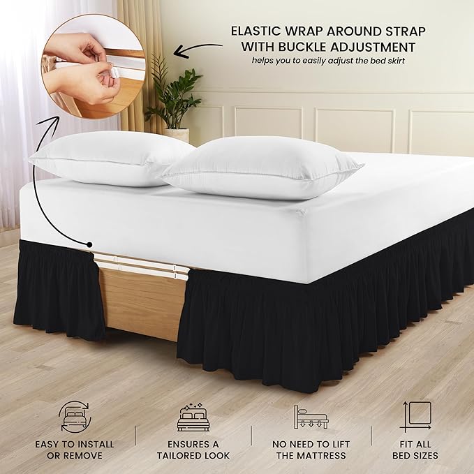 Utopia Bedding Twin Elastic Bed Ruffle - Easy Wrap Around Ruffle - Microfiber Bed Skirt with Adjustable Elastic Belt 16 Inch Tailored Drop - Hotel Quality Bedskirt, Fade Resistant (Twin, Black)