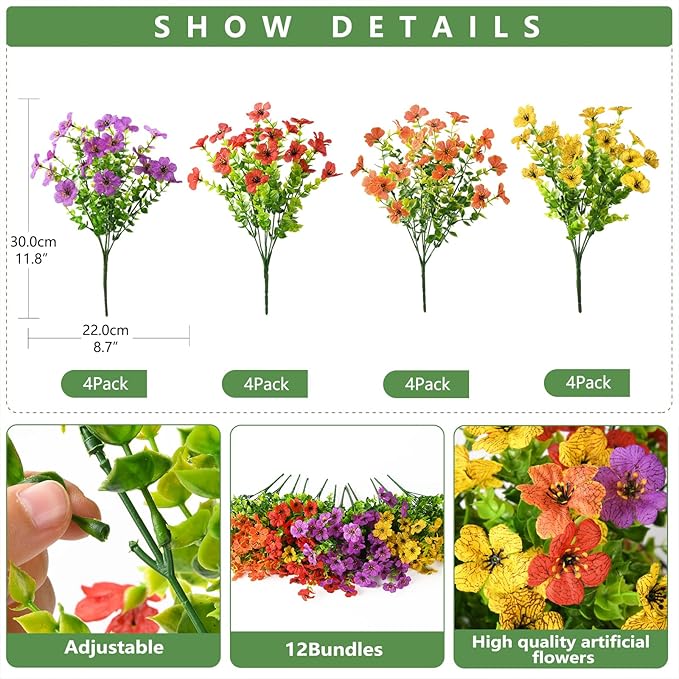 INQCMY Artificial Flowers for Outdoors Faux Plants Fake Flowers Spring Summer Decoration,12 Bundles Faux Silk Colorful Daisy Realistic UV Resistant for Outside Home Planter Window Porch Patio Yard