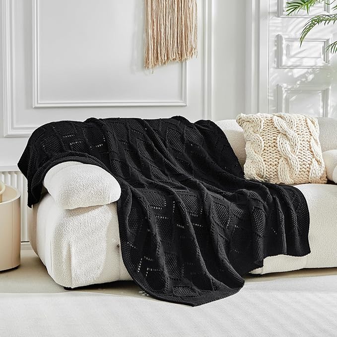 Longhui bedding Chunky Cotton Knit Throw Blanket for Couch, Sofa, Bed, or Chair, Decorative Breathable Fall Cable Knit Blanket 60 x 80 Inches, Large Black