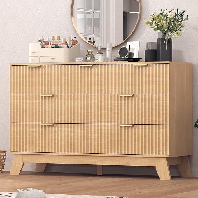 Fluted Dresser for Bedroom,7 Drawer Dresser for Closet,Storage Cabinet and Chest of Drawers with Gold Handle,TV Stand,Storage Organizer for Living Room,Hallway,Entryway,White