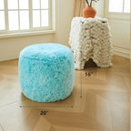 XeGe Fluffy Faux Fur Inflatable Pouf Ottoman, Cozy Portable Fuzzy Foot Stool, Furry Foot Rest Floor Pouf Anti-Slip Kids Girls Adult, Cute Round Ottoman Cushion for Living Room Bedroom, Ombre Aqua