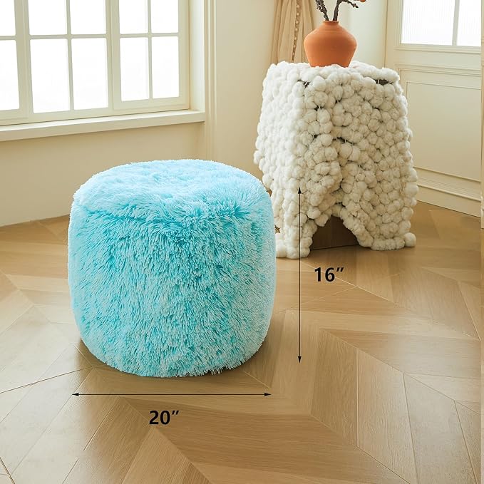 XeGe Fluffy Faux Fur Inflatable Pouf Ottoman, Cozy Portable Fuzzy Foot Stool, Furry Foot Rest Floor Pouf Anti-Slip Kids Girls Adult, Cute Round Ottoman Cushion for Living Room Bedroom, Ombre Aqua