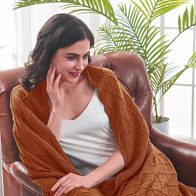 inhand Knitted Throw Blankets for Couch and Bed, Soft Cozy Knit Blanket with Tassel, Orange Rust Lightweight Decorative Blankets and Throws, Farmhouse Warm Woven Blanket for Men and Women, 50"x60"