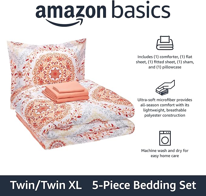 Amazon Basics Twin/Twin XL Comforter Set with Printed Sheets, 5-Piece Coral Medallion Bedding, Lightweight Microfiber Bed-in-a-Bag