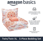 Amazon Basics Twin/Twin XL Comforter Set with Printed Sheets, 5-Piece Coral Medallion Bedding, Lightweight Microfiber Bed-in-a-Bag