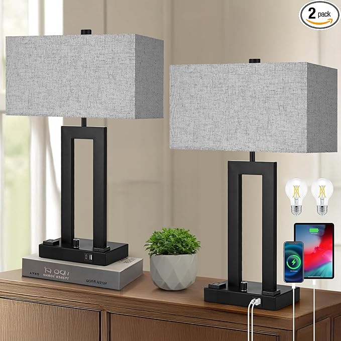 Modern Table Lamps Set of 2-22" Tall Bedside Lamps with USB-C/USB-A Charge Ports & Outlet, Stepless Dimmable Fabric Gray Shade Nightstand Lamps for Bedroom & Living Room