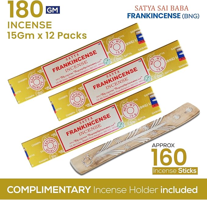 Satya Frankincense Sticks Incense Sticks, Satya Bng Insenses 15gmx12 Pack with Raajsee Incense Holder Bundle, Satya Nagchampa Natural Incense