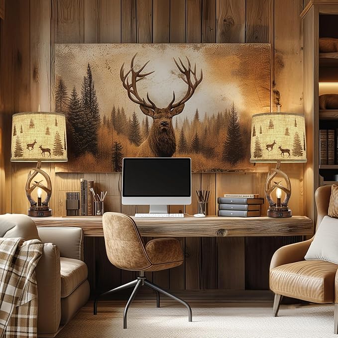 Scenekoy Rustic Farmhouse Antlers Table Lamp Set of 2 with Nightlight Dual USB Ports Linen Fabric Round Shade Bedside Lamp Decor for Living Room Bedroom Office House