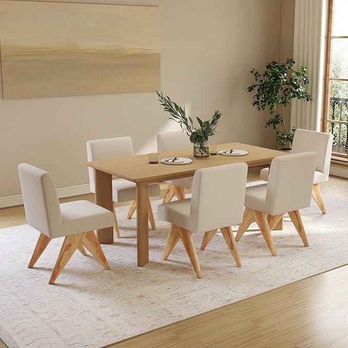 Mid Century Modern Farmhouse Dining Chairs Set of 6, Upholstered Armless Kitchen Chairs with Back and Wooden Legs, Linen Beige