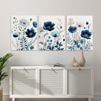 DUWQU 3 Pcs Blue Floral Canvas Wall Art, Elegant Navy Blue Wildflower Lily Daisy Art Wall Decor, Watercolor Botanical Flower Home Poster Art Prints for Living Room Bedroom Bathroom 12×16 Inches