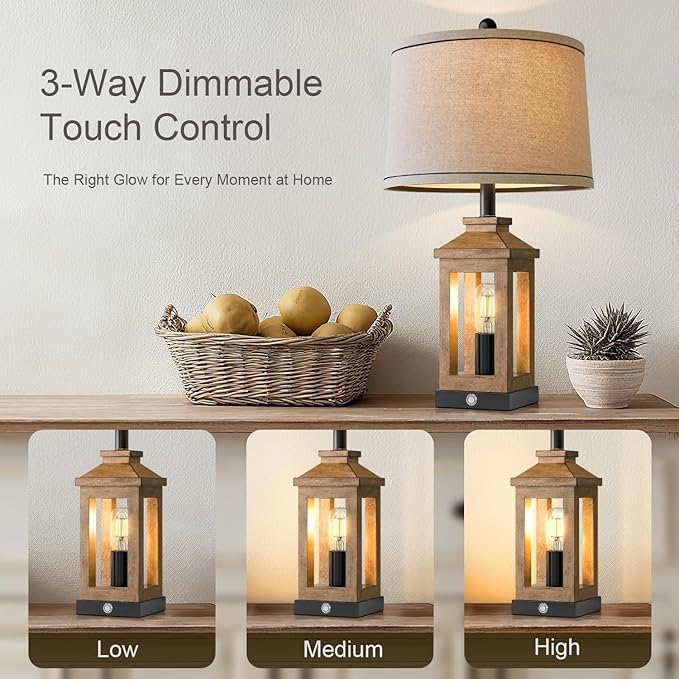 BOBOMOMO 23.75" Natural Wood Farmhouse Table Lamps Set of 2 – Retro Nightstand Lamps with 3 Way Dimmable Touch Control Night Light & USB A+C Ports, Rustic Lamps for Living Room, Bedroom, Entryway