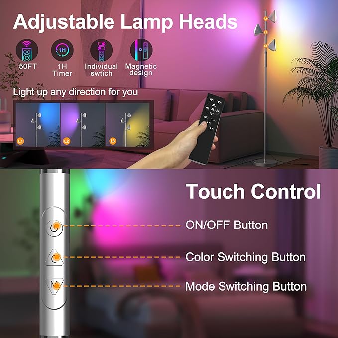 PARTPHONER RGB Tree Floor Lamp for Living Room, Stepless Dimmable Tall Standing Lamp with Remote, Touch Control and 3 Rotatable Light, Bright LED Lights for Bedroom with 4 Color-Changing, Sliver